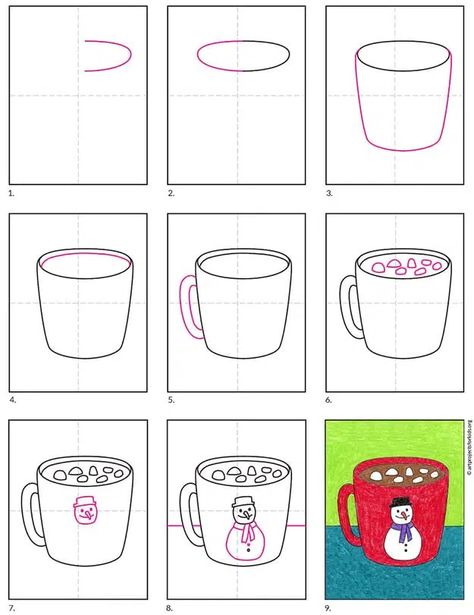 Easy How to Draw Hot Chocolate Tutorial and Coloring Page Hot Cocoa Drawing Easy, How To Draw Hot Cocoa, How To Draw Hot Chocolate, How To Draw A Cup Of Hot Chocolate, Hot Cocoa Art Project, Hot Cocoa Art Project For Kids, Hot Chocolate Art Project For Kids, How To Draw A Mug, Winter Drawings Easy For Kids