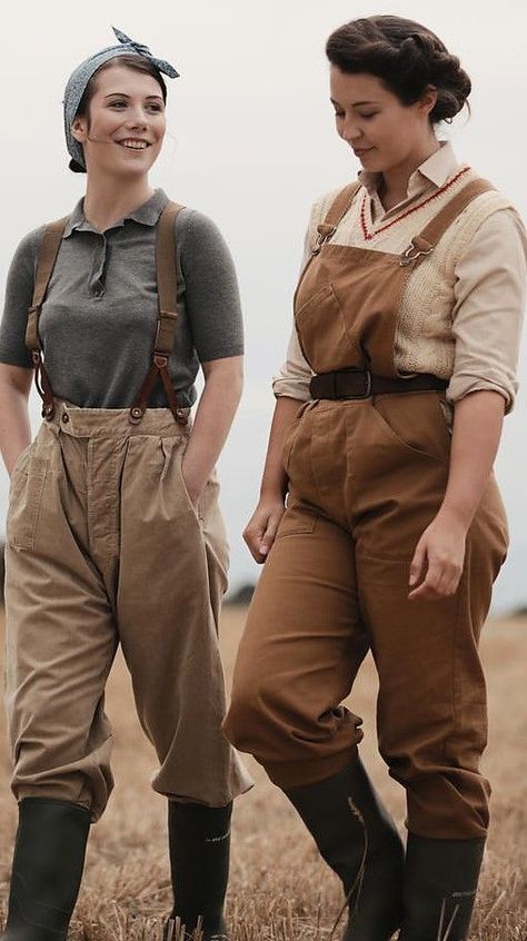 1920s Hiking Outfit, Farmwear Women, Fantasy Overalls Outfit, 1800s Farmer Clothes, 1940s Utility Fashion, Farming Aesthetic Outfit, Vintage Adventurer Outfit, Vintage Working Women, Field Scientist Outfit