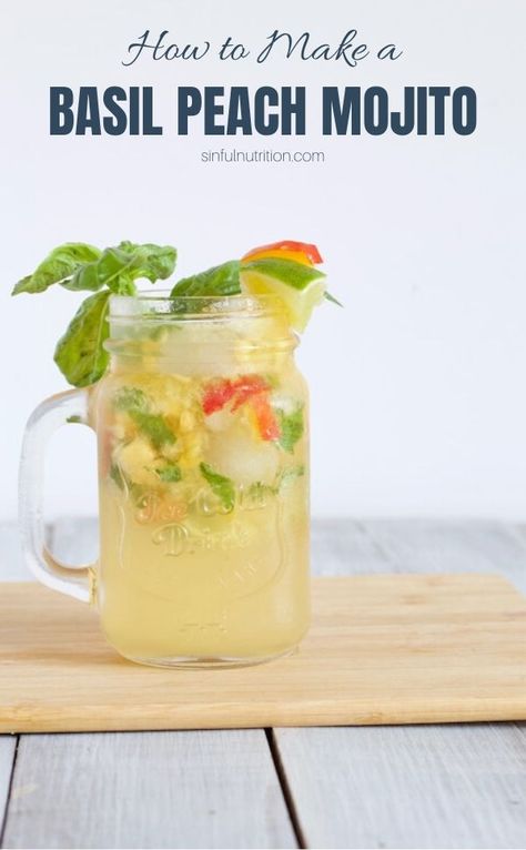 This Basil Peach Mojito Recipe is a refreshing summer cocktail made with muddled peaches, fresh basil, and lime seltzer. | @sinfulnutrition #sinfulnutrition #SummerDrinks #HomemadeMojitoRecipe Peach And Basil Recipes, Pitcher Of Mojito Recipe, Peach Mojito Recipe, Peach Basil Cocktail, Strawberry Peach Mojito, Peach Mojito Mocktail, Virgin Mojito Pitcher, Peach Mojito, Basil Drinks