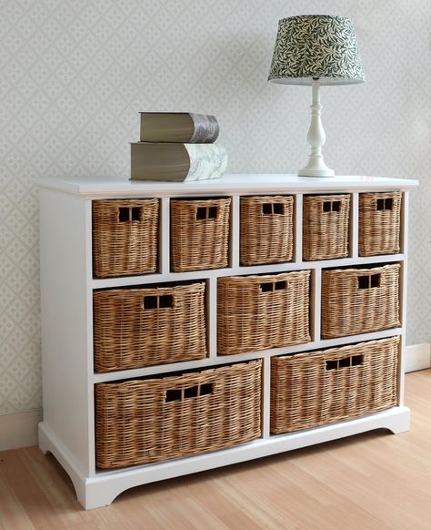 Wicker Basket Storage Unit, Large Chest Of Drawers, White Chest Of Drawers, Drawer Storage Unit, Wooden Storage Cabinet, White Chests, White Storage, Wicker Decor, Wicker Baskets Storage