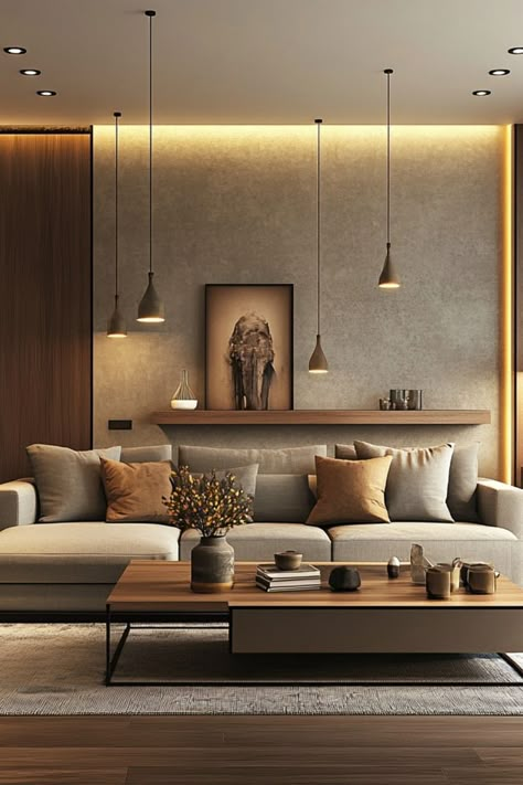 Use layered lighting to add depth and ambiance to your modern interiors. #LayeredLighting #ModernInteriors #LightingInspo Apartment Interiors Modern, Townhouse Designs Interior, Contemporary House Design Interior, Walnut Interior Design, Luxury Minimalist Interior, Minimal Living Room Design, Indoor Lighting Ideas, Lighting Mood Board, Van Interior Design