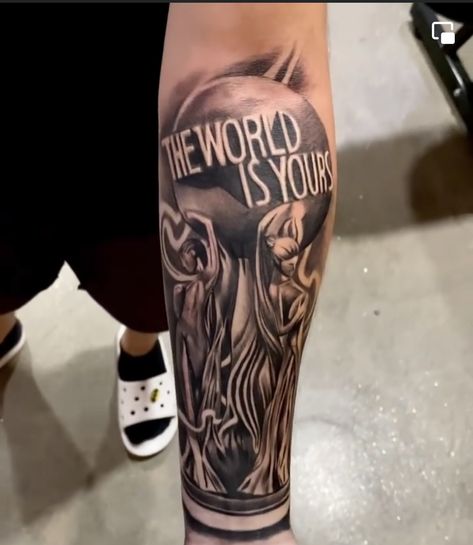 Tmc Tattoo Nipsey, The World Is Yours Globe Scarface Tattoo, Scarface Statue Tattoo, The World Is Yours Leg Tattoo, The World Is Yours Tattoo Leg, World Is Yours, The World Is Yours Tattoo Scarface, The World Is Yours Tattoo Stencil, Paid In Full Tattoo