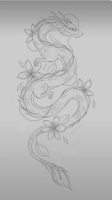 Tattoo Fine Line Sleeve, Friendly Dragon Tattoo, Line Art Tattoos Dragon, Fine Line Dragon Tattoo Back, Dragon Line Art Tattoo, Haku Tattoo Design, Haku Spine Tattoo, Earth Dragon Tattoo, Fine Line Dragon Tattoo With Flowers