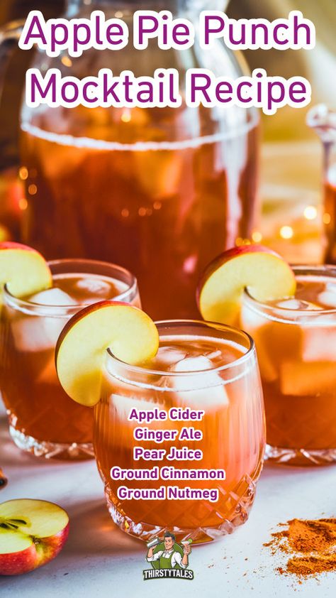 "Discover the perfect blend of flavors with this Apple Pie Punch Mocktail recipe! Ideal for fall gatherings, this non-alcoholic cocktail combines the warm spices of apple pie with refreshing ingredients. Perfect for autumn beverage ideas, this festive punch recipe is a must-try for your next celebration. Enjoy easy mocktail recipes that everyone will love, making it a standout among fall drink recipes. Cheers to delicious sips this season!" Mocktails Non Alcoholic Thanksgiving, Apple Pie Drink Alcohol, Thanksgiving Drinks Non Alcoholic, Fall Party Drinks, Apple Pie Punch, Punch Mocktail, Fall Drinks Alcohol, Apple Pie Drink, Fall Punch Recipes