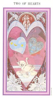 TWO OF HEARTS (Cups) from The Enchanted Tarot by Amy Zerner and Monte Farber (St. Martin's Press). The Enchanted Tarot, Tarot Cards Cups, 2 Of Cups Tarot, Two Of Cups Tarot, Art Tarot Cards, Two Of Hearts, 2 Of Cups, Quilted Art, The Star Tarot