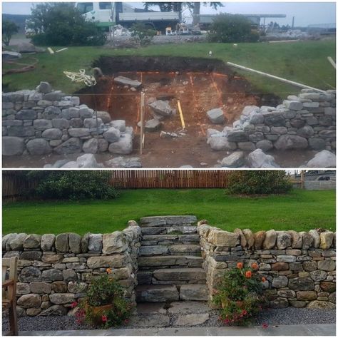 Stacked Stone Garden Wall, Stone Garden Fence, Dry Stone Retaining Wall, Dry Stone Wall Garden Ideas, Dry Stone Wall Garden, Rock Wall Garden, Hosta Garden Ideas, Stone Wall Garden, Garden Stone Wall