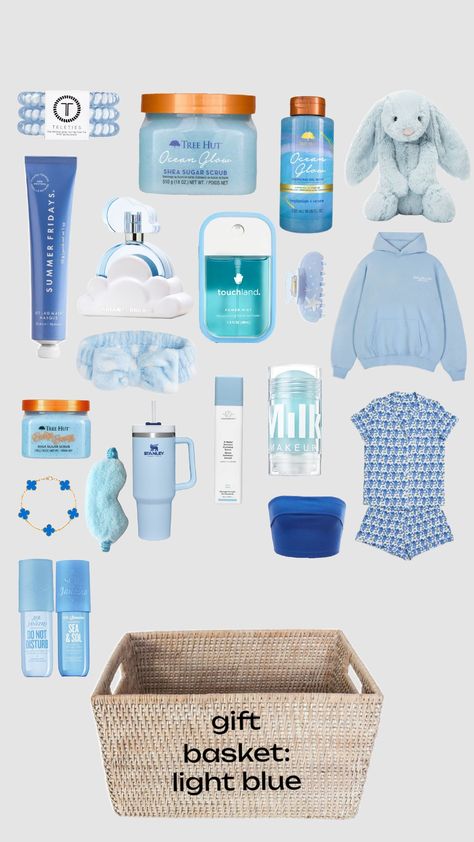 gift basket inspo! leave any requests for any type of shuffle in comments! #blue #giftbasket #inspo Cute Preppy Gift Baskets, Blue Aesthetic Gift Basket, Baby Blue Gifts, Blue Christmas Gift Basket, Mama Mia Gift Basket, Gift Basket Preppy, Blue Gifts Ideas, Feeling Blue Basket, Easter Basket Ideas For Teens Daughters