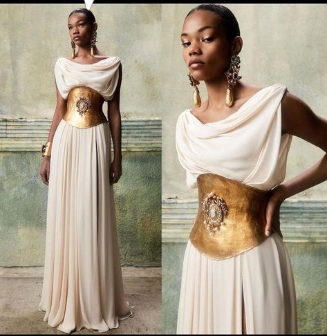 Greek Inspired Fashion Runway, Greek Inspired Haute Couture, Modern Chiton Dress, Ancient Greece Inspired Fashion, Mesopotamia Inspired Fashion, Roman Goddess Dress, Ancient Greek Photoshoot, Grecian Inspired Dress, Irregular Hem Dress