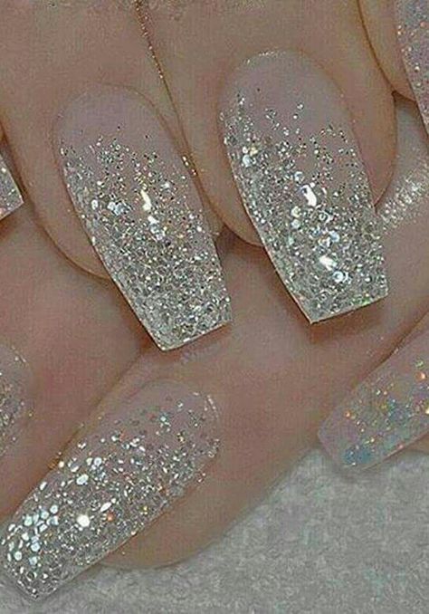 New Years Wedding Nails, Nails Acrylic New Years Sparkle, New Years Nails Silver Glitter, New Years Acrylic Nails Sparkle, Silver And White French Tip Nails, Milky White And Silver Nails, Sparkle White Nails, New Years Nail Designs Glitter, White Glittery Nails