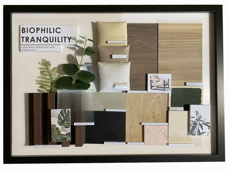 Biophilic Tranquility - Material Board on Behance Biophilic Design Mood Board, Biophilic Material Board, Biophilic Artwork, Biophilic Color Palette, Biophilic Materials, Sustainable Store, 80s House, Materials Board Interior Design, Mood Board Interior