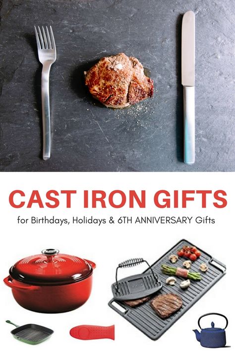 **FIND CAST IRON GIFTS for chefs who have everything** Cooks LOVE them. Cast iron skillets, dutch ovens, pots. Accessories like handles, oil and seasoning products. Ideas for housewarming, hostess gifts, birthday, christmas, anniversary or wedding gifts. Iron Gifts For Him Anniversaries, Iron Anniversary Gifts For Him, Iron Gifts For Him, Gifts For Chefs, Balcony Decorating Ideas, Cast Iron Care, Iron Anniversary Gifts, Cast Iron Skillets, 6th Anniversary Gifts