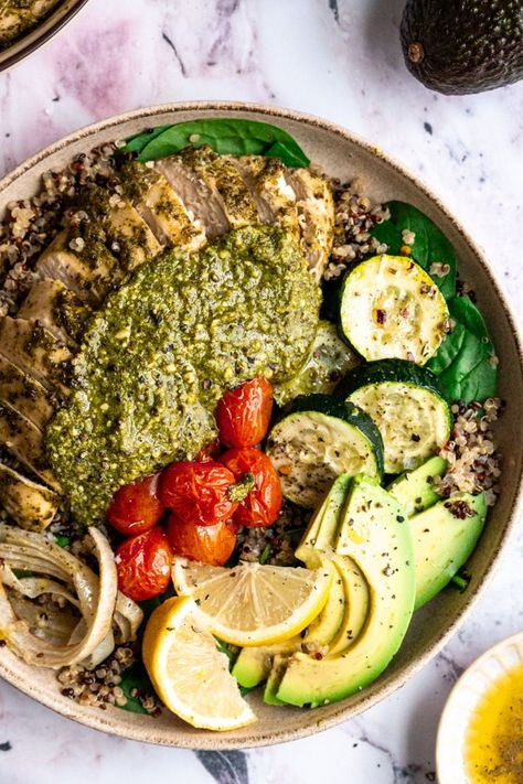 Looking for refreshing spring meals that are high protein and support your clean eating lifestyle? Try this pesto chicken quinoa bowl! It's the perfect gluten free dairy free recipe for kids, dinner and the family. Pesto Chicken Quinoa Bowl, Healthy Pesto Chicken, Chicken Quinoa Bowl, Dairy Free Recipes For Kids, Dairy Free Recipe, Healthy Pesto, Spring Meals, Kids Dinner, Clean Eating Lifestyle