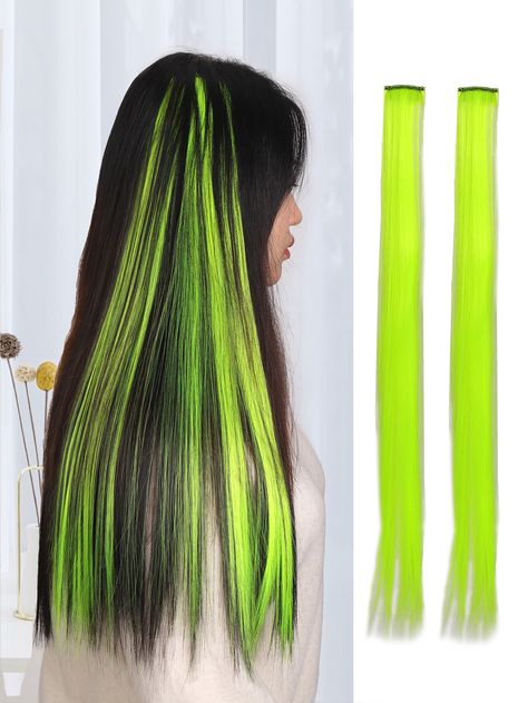 Green  Collar  Synthetic Fiber  Clip-In Hair Extensions Embellished   Wigs & Accs Neon Green Hair Extensions, Green Extensions Hair, Neon Hair Extensions, Green Hair Streaks, Green Hair Extensions, Pink Hair Extensions, Neon Green Hair, Hair Extension Clips, Neon Hair