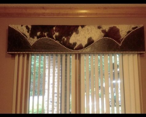 Cornice Board Ideas, Cowhide Crafts, Turkey Roost, Rustic Valances, Western Curtains, Western Style Decor, Rustic Window Treatments, Cowhide Decor, Wood Valance