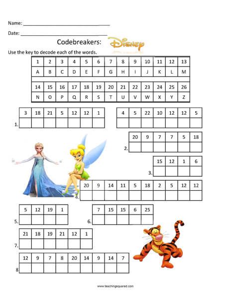 Codebreakers: Disney top fun activity Disney Codebreakers, Disney Themed Worksheets, Disney Printables Free Activities, Disney Crossword Puzzles Printable, Disney Puzzles Printables, Disney Math Worksheets, Disney Worksheets Printables, Disney Activity Sheets Free Printables, Disney Worksheets For Kids