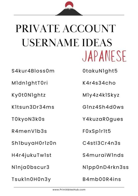 Printable Private Account Japanese Username Ideas List Japanese Username, Japanese Username Ideas, Private Accounts Names, Pvt Account Username, Account Username Ideas, Private Account Username Ideas, Dope Captions, Dope Captions For Instagram, Names List