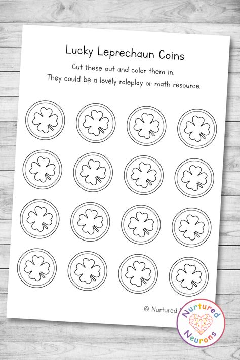 With St Patrick’s Day coming up, these printable leprechaun coins might be useful! They could be a lovely resource for any St Patrick’s Day roleplay; add a little luck to some St Patrick’s Day math activities; or maybe just be used as a quick little ‘design your own lucky coin’ art project. There’s 16 coins on each sheet and there's a pre-colored version and a black and white one to decorate! #stpatricksday #roleplay #imaginativeplay #stpaddys #earlymath #mathresources #dramaticplay #eyfs Leprechaun Notes For Classroom, How To Catch A Leprechaun Activities, Leprechaun Gold Coins Free Printable, St Patricks Day Catch A Leprechaun, Leprechaun Trap Aftermath, Math Counters, Social Communication Skills, Lucky The Leprechaun, Leprechaun Gold