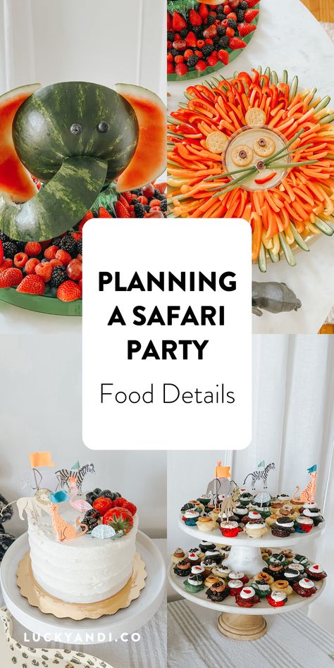 Safari Birthday Party Food Dessert Tables, Safari Animal Food Ideas, Jungle Theme Birthday Party Food Ideas, Animal Themed Snacks Jungle Safari, Elephant Veggie Tray, Safari Birthday Snack Ideas, Jungle Food Party, Lion Head Veggie Tray, Jungle Themed Appetizers