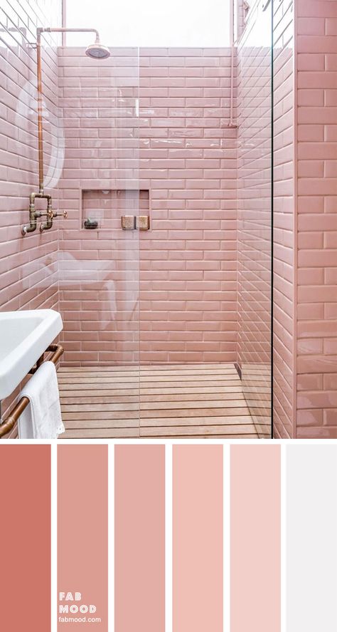 Bathroom Color Schemes Pink, Pink Themed Bathroom, Peach Bathroom Ideas, Small Pink Bathroom Ideas, Pink Small Bathroom, Bathroom Color Ideas, Small Bathroom Ideas Pink, Pink Bathrooms, Coral Bathroom