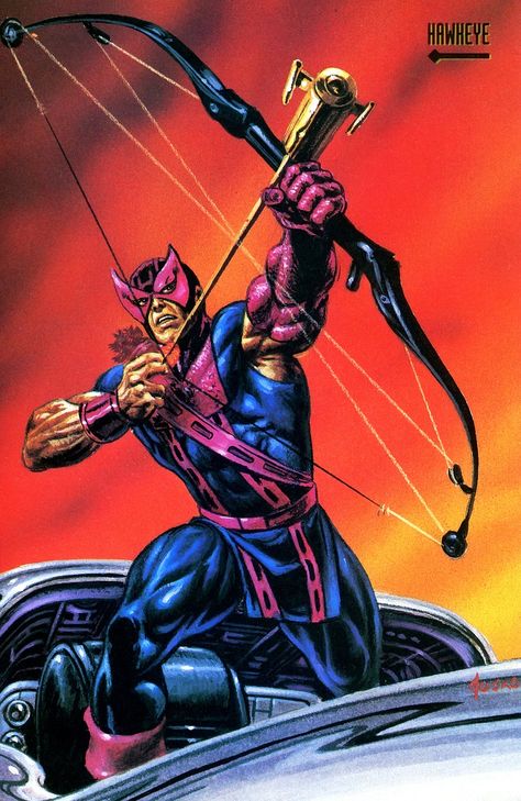 (Hawkeye) By: Joe Jusko. Joe Jusko, Marvel Comic Book Characters, Hawkeye Comic, Marvel Masterpieces, Marvel Hawkeye, Marvel Cards, Book Character, Marvel Comic Character, Clint Barton