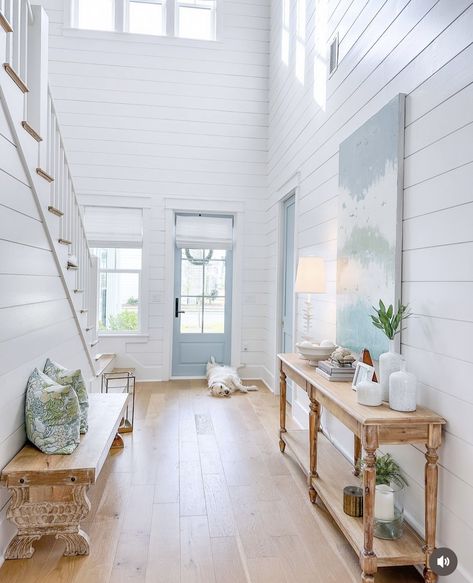 Modern Farmhouse Baseboards, Coastal Farmhouse Entryway, Modern Farmhouse Trim, Baseboard Trim Ideas, Beach Entryway, Baseboard Trim Styles, Farmhouse Baseboards, Farmhouse Style Trim, Alcove Ideas Living Room