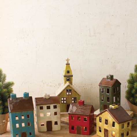 Ceramic Christmas Village Set Ceramic Village, Teal House, Christmas Village Sets, Pottery Houses, Clay Houses, Wooden Houses, Yellow Houses, Holiday Village, Colorful Ceramics