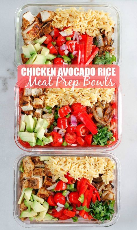 Open House Lunch Ideas, Banza Rice Recipes, Chicken Avocado Rice, Easy Chicken Meal Prep, Rice Meal Prep, Recipe With Avocado, Pan Sausage, Avocado Rice, Avocado Tomato Salad