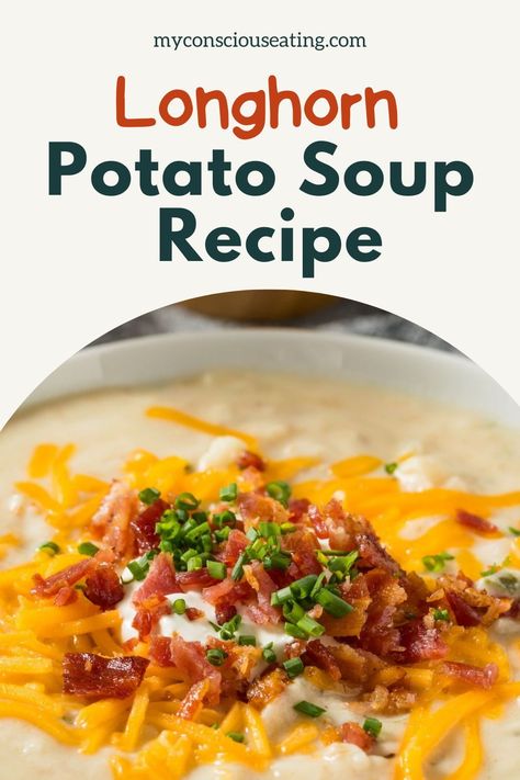 In my kitchen, Longhorn Potato Soup is a creamy, comforting delight, especially on chilly evenings. I love the hearty chunks of potato and the velvety texture. It's a cozy meal...but in a bowl! #LonghornPotatoSoup #SoupRecipe Loaded Baked Potato Soup Longhorn, Potato Soup Taste Of Home, Longhorns Potato Soup Recipe, Longhorn Potato Soup, Longhorn Loaded Potato Soup, Longhorn Sweet Potato Recipe, Longhorn Steakhouse Potato Soup Recipe, Longhorn Potato Soup Recipe, Texas Roadhouse Potato Soup