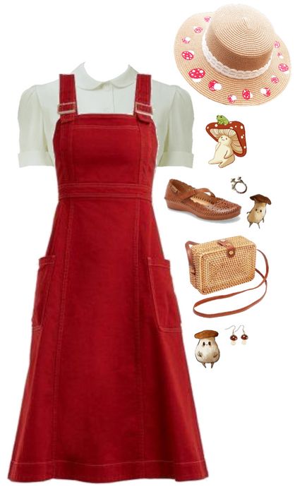 Red Mushroom Outfit, Cute Outfits Mushroom, Goblin Core Dress, Red Cottagecore Outfit, Mushroom Core Outfits, Red Themed Outfits, Red Cottagecore Dress, Stone Outfit, Cottage Core Aesthetic Outfit