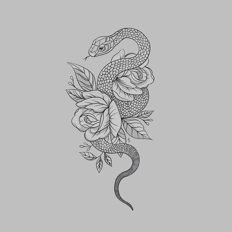 Floral Snake Tattoo Design, Floral Snake Tattoo, Tattoo Design Snake, Snake And Flowers Tattoo, Traditional Tattoo Stencils, Floral Snake, Cobra Tattoo, P Tattoo, Lotus Tattoo Design