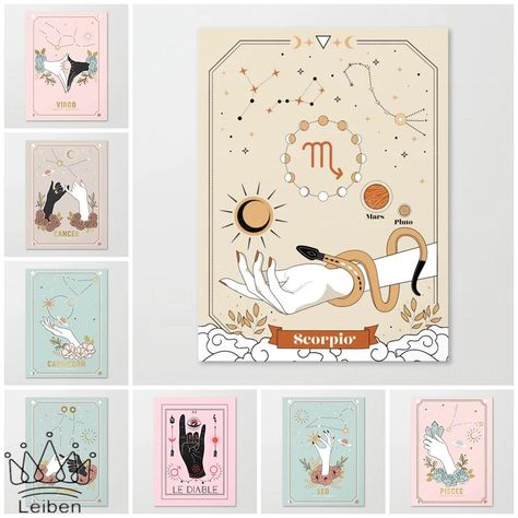 Zodiac Canvas Painting, Scorpio And Capricorn, Cartoon Picture, Capricorn Gemini, Modern Cartoon, Virgo Gemini, Pastel Print, Home Decor Living Room, Nordic Modern