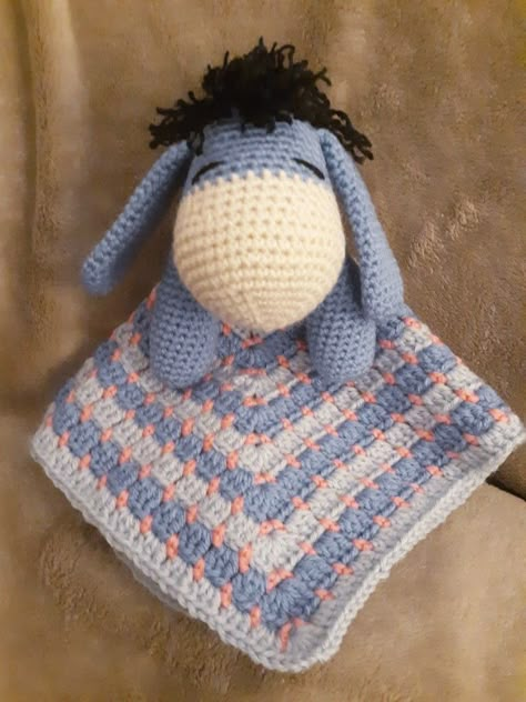 Crochet Disney Lovey Pattern, Disney Baby Blanket Crochet, Winnie The Pooh Lovey Crochet Pattern, Eeyore Crochet Pattern Free, Crochet Baby Stuffed Animals, Eeyore Crafts, Winnie The Pooh Lovey, Eeyore Crochet, Crochet Striped Blanket Pattern