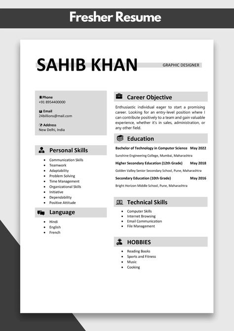 Resume for Fresher Sample | Fresher Resume Examples Resume Template For Freshers, Fresher Resume, Professional Resume Examples, Good Cv, Resume Format For Freshers, Best Resume Format, Senior Secondary School, Education In India, Academic Validation