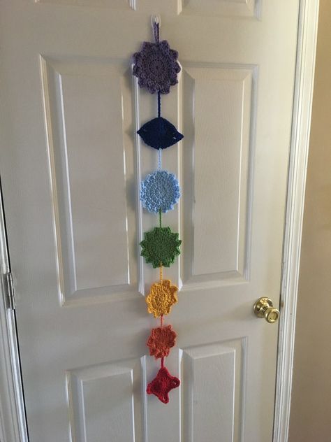 Crochet Ceiling Hanging, Classroom Crochet, Spiritual Crochet, Crochet Door Hanging, Crochet Chakra, Crochet Room, Chakra Wall Art, Chakra Decor, Room Vibes