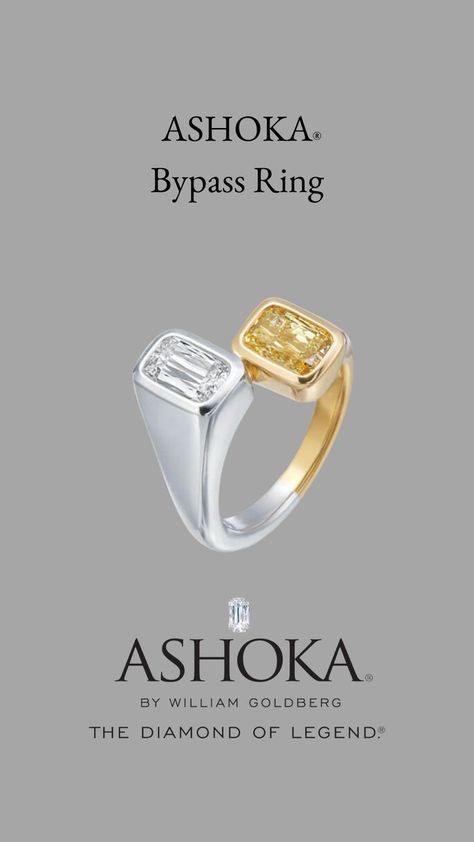 A splendid bypass ring, featuring one ASHOKA® cut diamond and one fancy vivid yellow ASHOKA® cut diamond on a platinum and 18K yellow gold band. Ring inspiration, ring for her, luxury ring, new york jewelers, gifts for her, unique engagement ring, ring ideas, high jewelry, jewelry inspiration, statement ring Ashoka Diamond, Ring Inspiration, Luxury Ring, Bypass Ring, Ring Ideas, Luxury Rings, Gold Band Ring, Rings For Her, High Jewelry