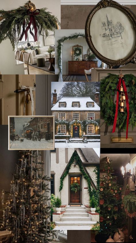 Cozy Christmas interior and exterior with vintage decor and colonial touches Colonial Christmas Decorating, Christmas Collages, Exterior Christmas Decorations, Nostalgic Christmas, Christmas Collage, Traditional Colonial, Colonial Christmas, Christmas Interiors, Christmas Tree Inspiration