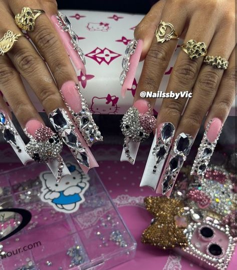 Long Junk Nails With Charms, Kawaii Bling Nails, Junk Nails Bling Duck, Hello Kitty Charm Nails Long, Long Acrylic Nails With Hello Kitty Charms, Nails