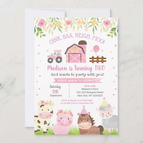 Farm Barnyard Animals 2nd Birthday Invitations Farm Watercolor, Barnyard Bash, Floral Farm, Watercolor Farm, Barnyard Birthday Party, Farm Birthday Invitation, Animal Birthday Invitation, Farm Animals Birthday Party, Farm Themed Birthday Party