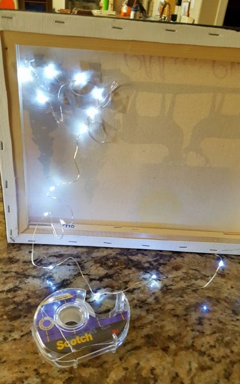 DIY Light Up wall decor Canvas Light Art, Light Up Art, Light Up Pictures, Light Up Canvas, Lighted Canvas Art, Diy String Lights, Led Wall Art, Diy Light, Canvas Art Projects