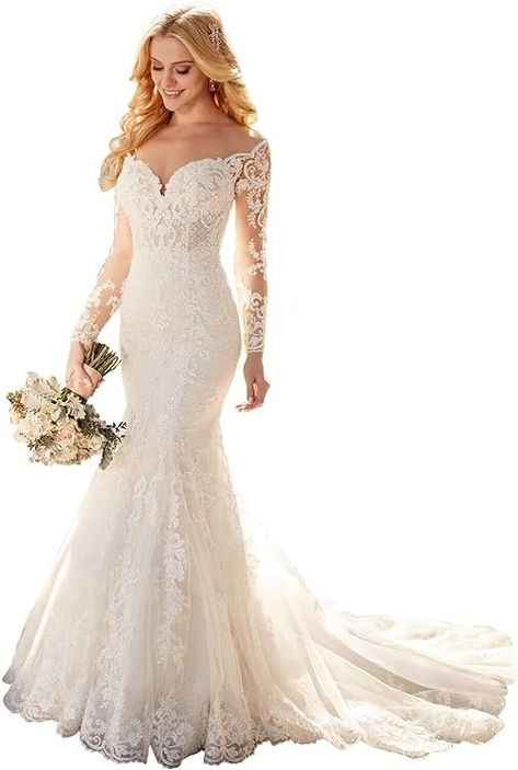 Amazon.com: Cadoly Mermaid Wedding Dresses for Bride 2024 Long Tulle Lace Appliques White Boho Bridal Gown with Sleeves : Clothing, Shoes & Jewelry Country Bridal Gown, Bride 2024, Elegant Wedding Gown, Dresses For Bride, Beach Bridal Dresses, Wedding Dress Suit, Simple Wedding Gowns, Wedding Dress Ideas, Handmade Wedding Dresses