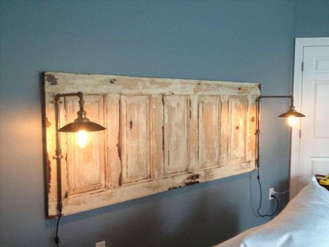 Old Door Bed Headboard, Door Headboard Ideas, Diy King Size Headboard, Old Door Headboard, Headboard Plans, Natural Headboard, Diy King Headboard, Lights Headboard, Headboard Headboard