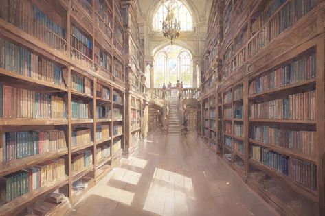 The image is a long library with a high ceiling. There are many bookshelves on both sides of the library. The bookshelves are made of wood and are filled with books. There is a large window at the end of the library. The window is stained glass and has a picture of a forest on it. There are people walking around in the library. They are all wearing robes. Glass Library, Wooden Bookshelves, Grand Library, Private Library, Isometric Drawing, Final Exam, Large Window, People Walking, Stained Glass Window