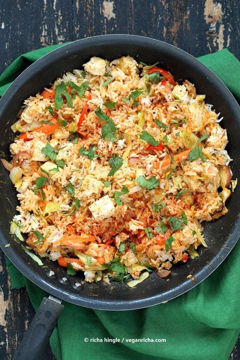 Peanut Sauce Fried Rice - Vegan Richa Fried Rice With Tofu, Grain Sides, Pepper Cabbage, Easy Peanut Sauce, Cooked Chickpeas, South Korean Food, Vegan Dinner Recipes Easy, Vegan Richa, Vegan Rice