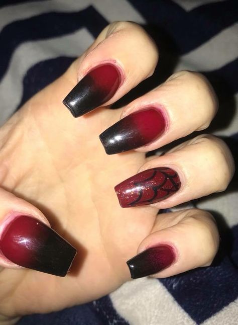 Black And Maroon Nail Designs, Red Spiderweb Nails, Red And Black Coffin Nail Ideas, Spiderweb Nails, Maroon Nail Designs, Goth Prom, Black Coffin Nails, Black French Tips, Maroon Nails