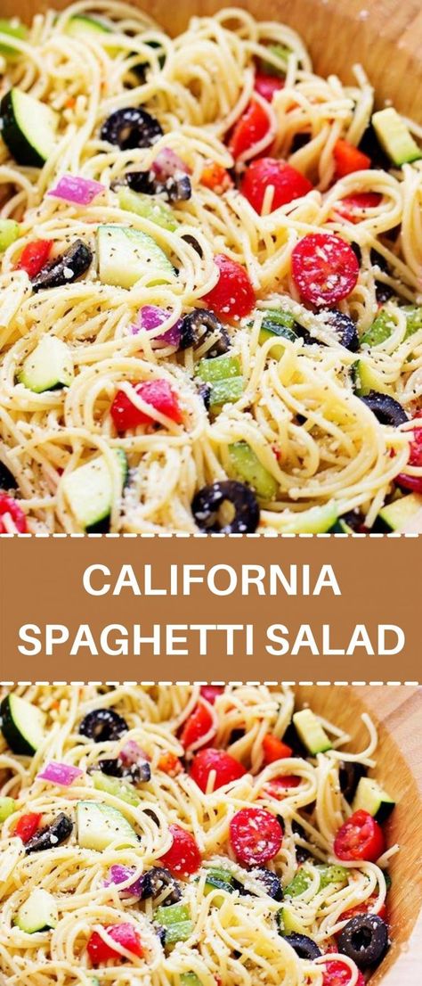 California Spaghetti Salad Recipe, California Spaghetti Salad, California Pasta, California Spaghetti, California Salad, Spaghetti Pasta Salad, Zucchini Pasta Salad, Spaghetti Salad, Quick Family Meals