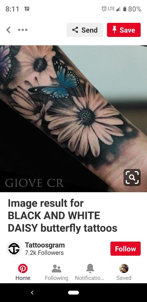 Bicep Tattoo Women, White Butterfly Tattoo, Gerber Daisy, Daisy Tattoo, Bicep Tattoo, Gerber Daisies, Memorial Tattoo, Gerbera Daisy, Foot Tattoo