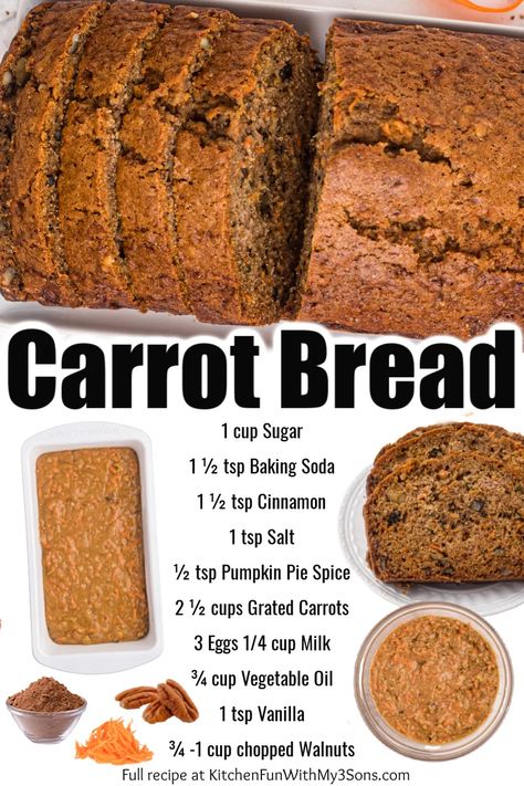 Carrot Bread is a tasty recipe that's similar to carrot cake in bread form. Full of fresh carrots, walnuts, cinnamon and pumpkin pie spice. Great for breakfast or a snack! #Recipes Carrot Walnut Loaf, Carrot Bread Recipe Moist, Sweet Quick Bread, Carrot Cake Loaf Recipe, Carrot Recipes Dessert, Carrot Bread Recipe, Fruit Breads, Carrot Cake Bread, Healthy Breads