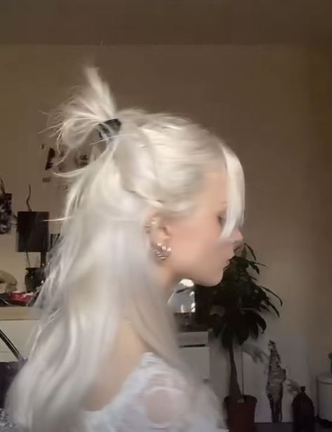 White Hair In Ponytail, Long White Hair Ponytail, White Hair Inspiration, Winter White Hair, White Hair Long, Pearl White Hair, White Hair Ponytail, Pure White Hair, Platinum Hair Aesthetic