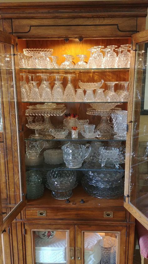 Displaying Crystal Glassware, Crystal Glassware Display Ideas, Crystal Glassware Display, Crystal Dinnerware, American Fostoria, Glassware Display, Fostoria Crystal, China Cupboard, Butler’s Pantry