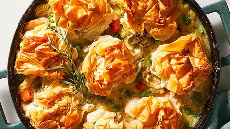 Chicken Potpie with Phyllo Clusters Chicken With Artichoke Hearts, Delicious Chicken Pot Pie, Chicken Potpie, Savory Pies, Phyllo Dough, Summer Vegetable, Artichoke Hearts, Delicious Chicken, Skillet Meals